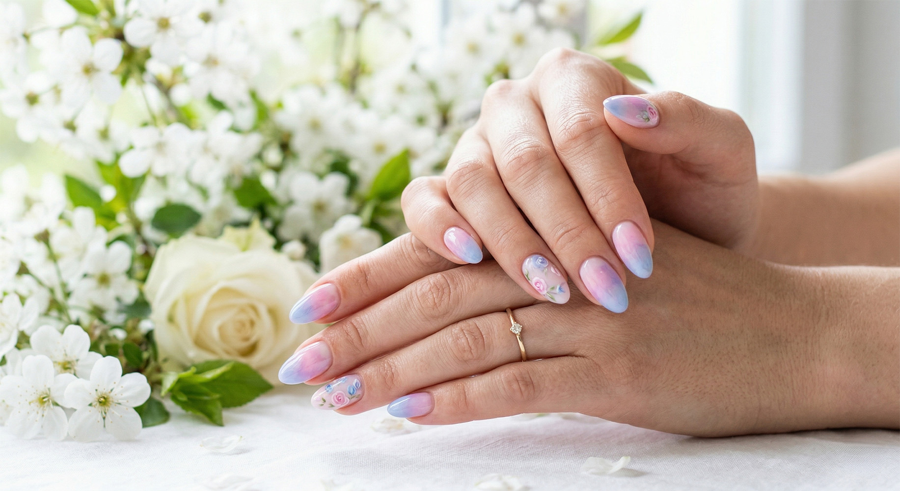 Zadbane kobiece dłonie z manicure 'aura nails', prezentujące kołowy efekt gradientu z miękkim, świecącym kolorem emanującym ze środka każdego migdałowego paznokcia. Pastelowa aura w kolorze lawendy lub różu na mlecznobiałej bazie. Hazy i rozmyte przejścia kolorów. Tło mgliste, pastelowe