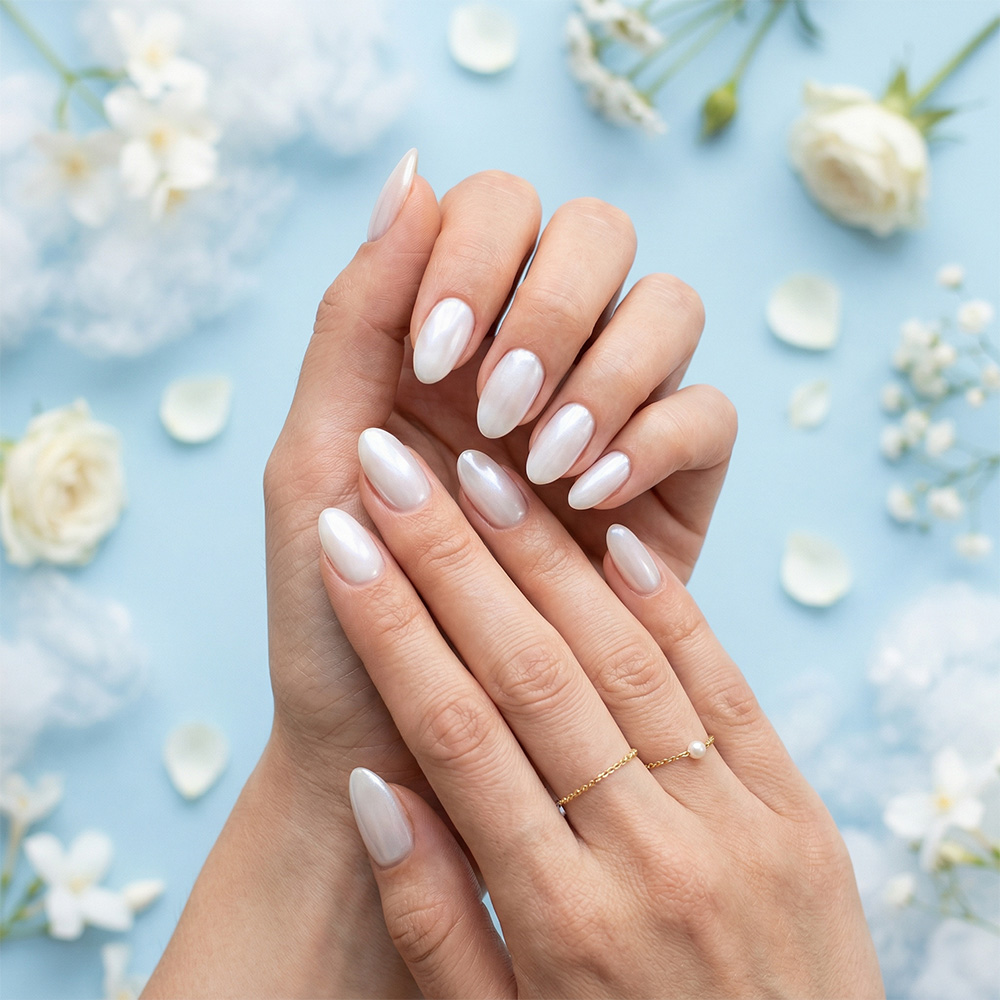 Manicure w stylu cloud nails: perłowe, mlecznobiałe paznokcie z efektem subtelnego wewnętrznego blasku i szklanym wykończeniem. Kobiece dłonie na błękitnym tle przypominającym niebo z chmurami i białymi kwiatami
