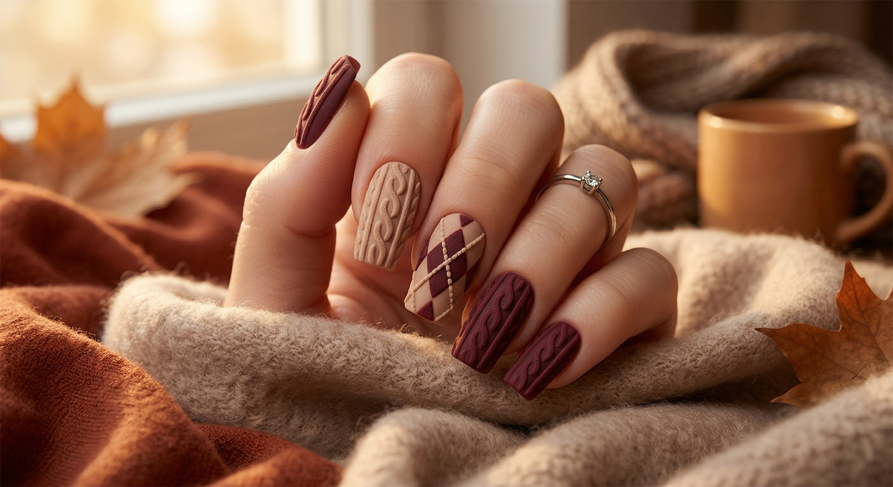 Dłonie z romantycznym manicure 'coquette nails' na długich, migdałowych paznokciach. Mlecznobiała lub bladoróżowa baza ozdobiona ręcznie malowanymi trójwymiarowymi kokardkami (wstążkami), delikatnymi perełkami i koronkowymi detalami. Dłonie otoczone miękkimi różowymi różami i tiulem. Na palcu złoty pierścionek z diamentem