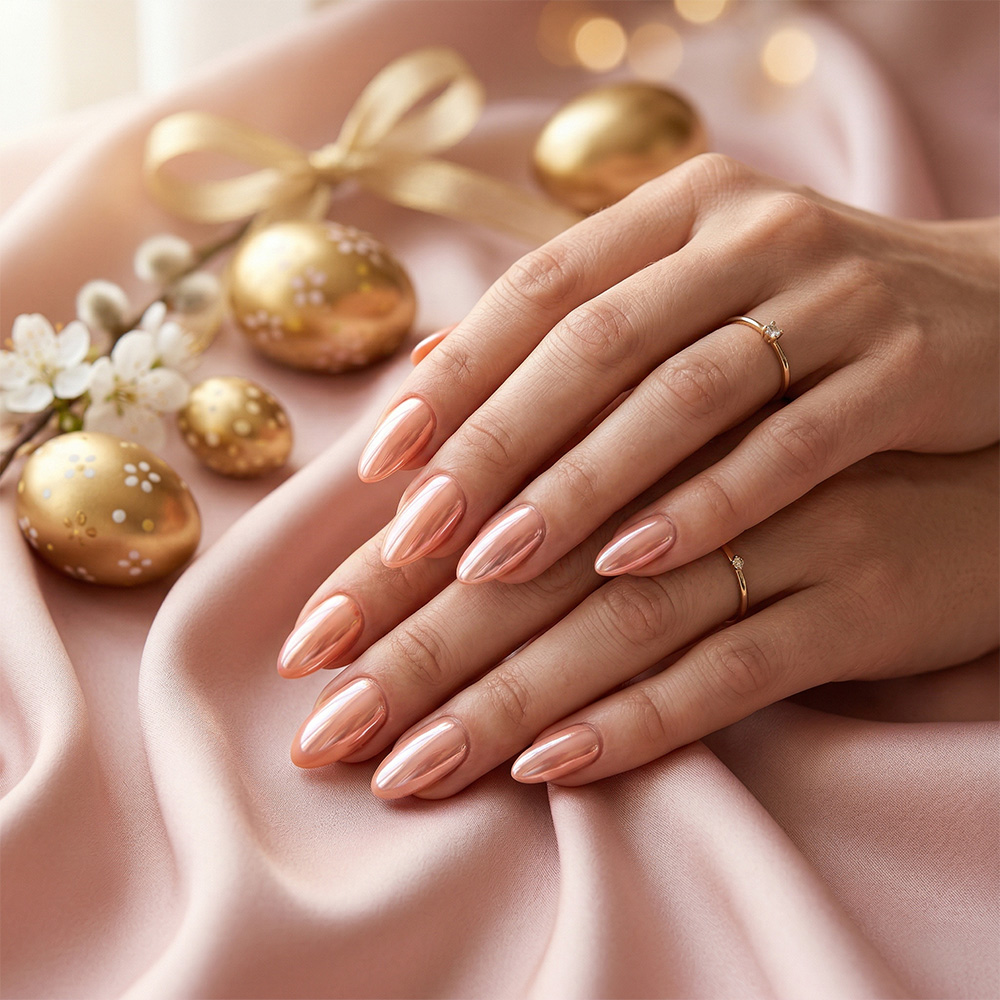 Zbliżenie na dłonie z brzoskwiniowymi paznokciami z efektem lustrzanej tafli z użyciem chromowanego pyłku. Ultragładkie wykończenie na tle bladoróżowego jedwabiu z eleganckimi wielkanocnymi dekoracjami