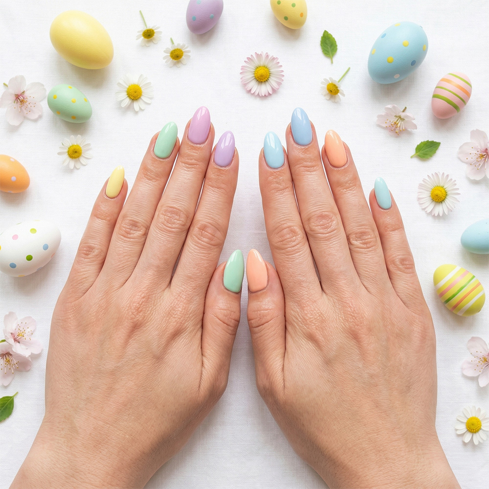 Radosny wiosenny manicure typu skittles, gdzie każdy paznokieć ma inny pastelowy kolor: żółty, miętowy, lawendowy, błękitny i brzoskwiniowy. Układ flat lay z wielkanocnymi jajeczkami