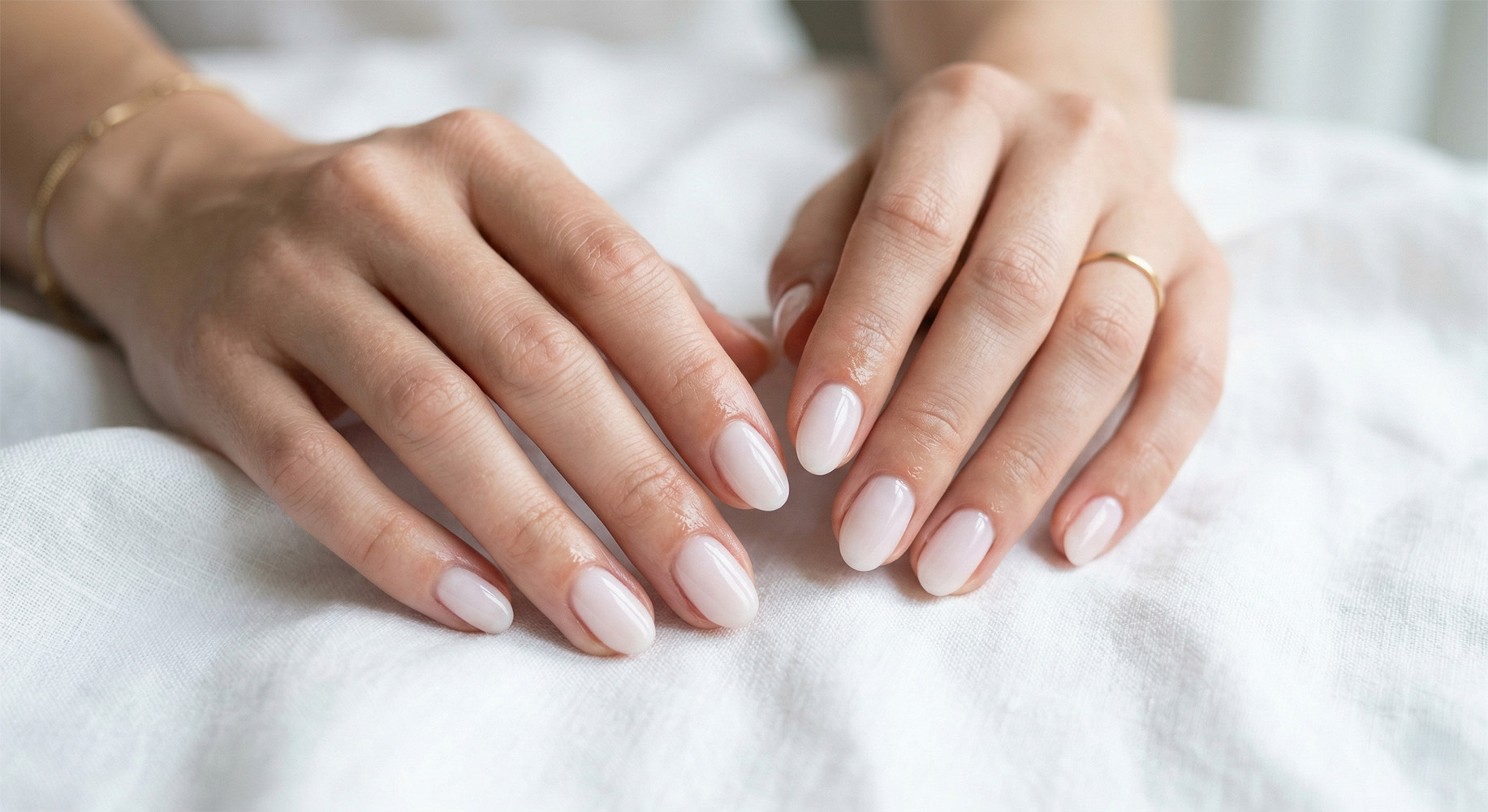 Delikatne dłonie z przezroczystym manicure soap nails na białej pościeli