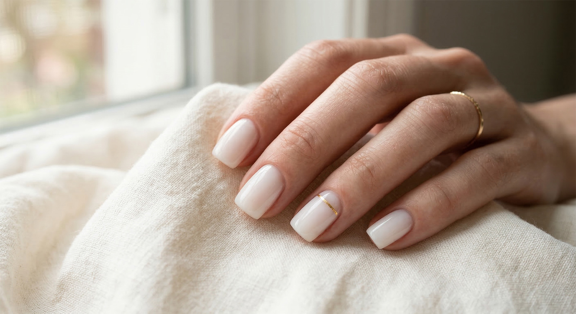 Minimalistyczny manicure na Wielkanoc 2026 w stylu milky nails. Krótkie, kwadratowe paznokcie z półprzezroczystym, mlecznobiałym wykończeniem i delikatną złotą linią na palcu serdecznym