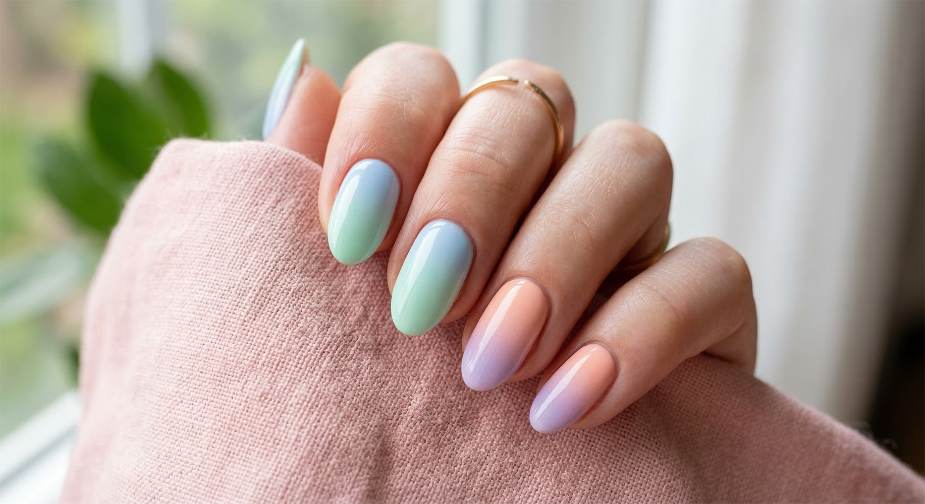 Wiosenne ombre paznokcie wielkanocne w pastelowych barwach. Płynne, gradientowe przejścia kolorów od baby blue do mięty oraz od brzoskwini do lawendy na eleganckich, owalnych paznokciach.