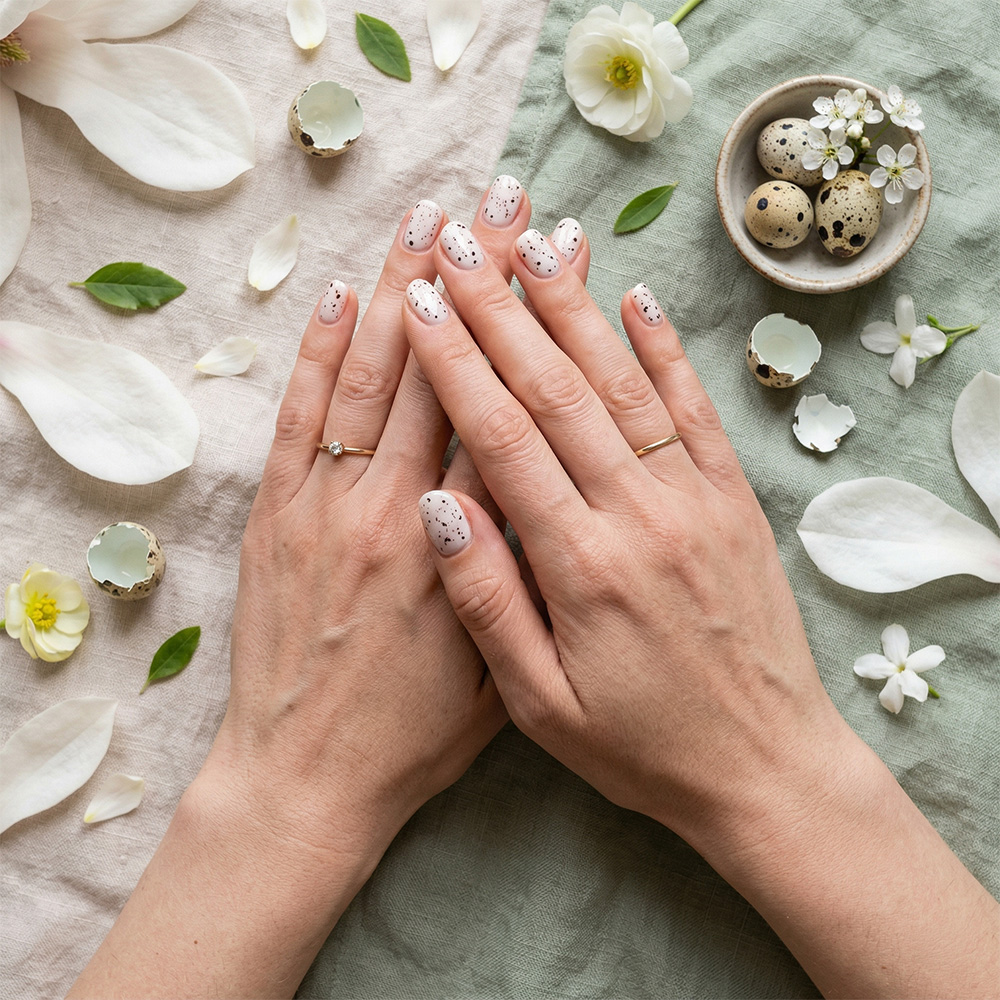 Dłonie z pastelowym manicure ombre przechodzącym łagodnie od lawendowego do jasnoróżowego i mlecznego koloru. Migdałowe paznokcie na marmurowym tle z różowymi płatkami róż