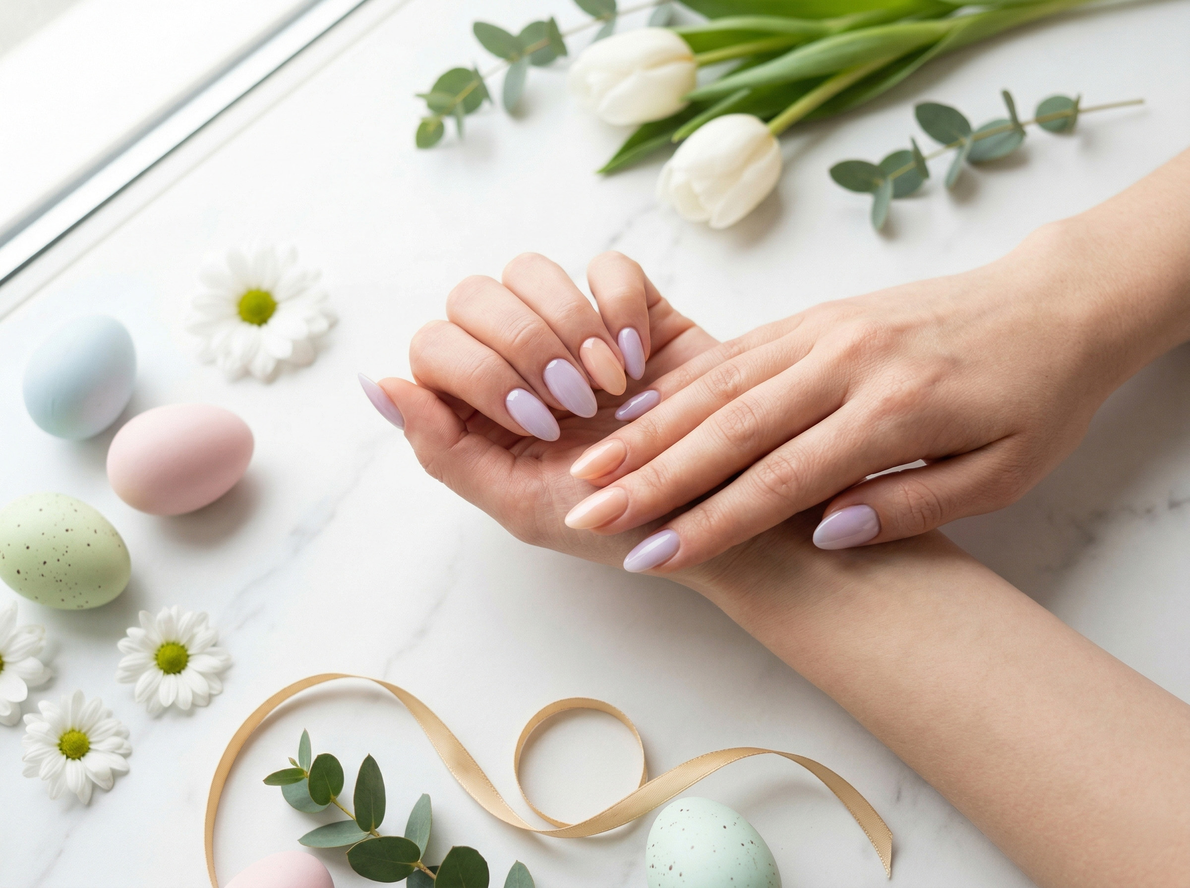 Widok z góry na kobiece dłonie z różnokolorowym, pastelowym manicure na białym marmurowym tle. Dłonie otoczone są świąteczną, wiosenną kompozycją z białych tulipanów, stokrotek, eukaliptusa, kolorowych jajek wielkanocnych i złotej wstążki