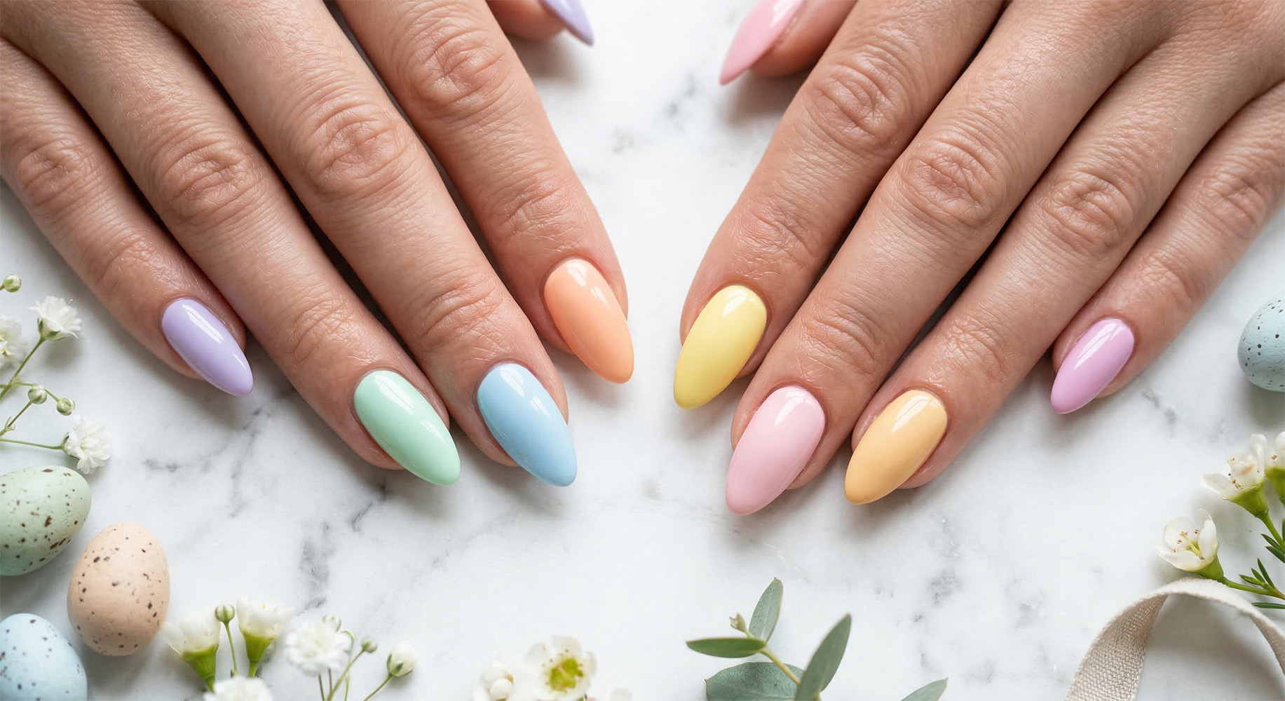 Zbliżenie na dłonie z pastelowym manicurem hybrydowym na Wielkanoc 2026. Paznokcie w kształcie migdałka pomalowane na różne wiosenne kolory. Tło z marmuru, gipsówki i wielkanocnych pisanek. Stylizacja z salonu Mani Mania Warszawa.
