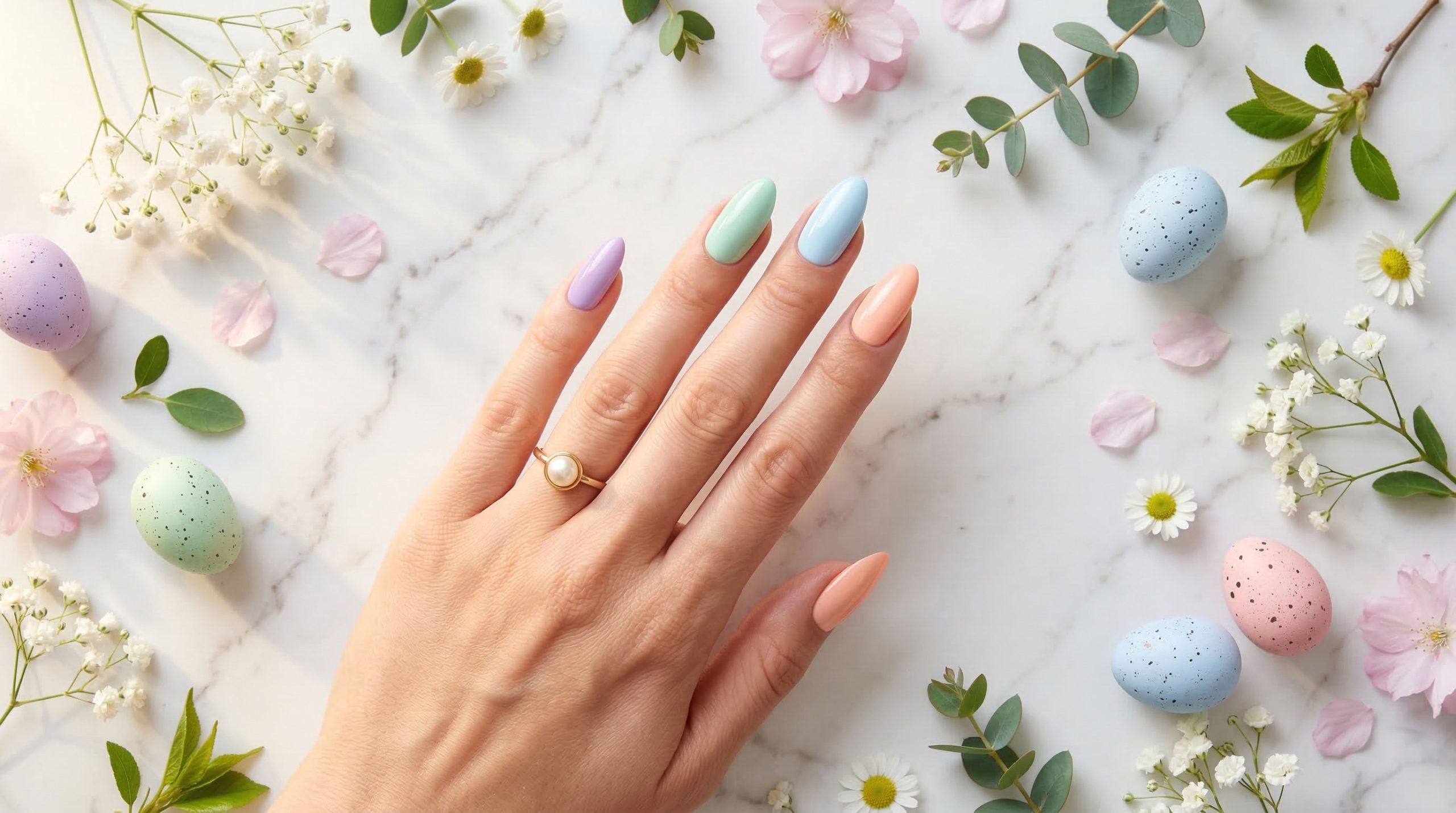 Fotografia flat lay przedstawiająca kobiecą dłoń z idealnym, pastelowym manicure na Wielkanoc 2026. Owalne paznokcie w wiosennych odcieniach lawendy, mięty, baby blue i brzoskwini wyeksponowane na białym marmurze w otoczeniu wiosennych kwiatów, płatków wiśni i nakrapianych pisanek. Główna inspiracja na manicure świąteczny od salonu Mani Mania Warszawa.