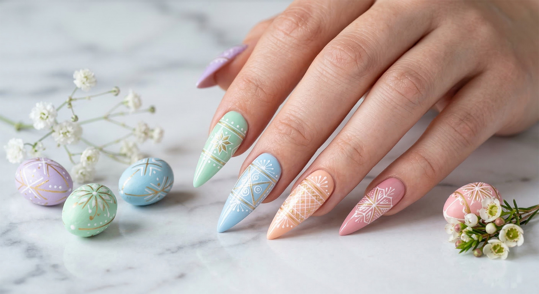 Ręcznie malowane pisanki na paznokciach 2026. Szpiczaste paznokcie pomalowane w pastelowe odcienie z precyzyjnymi, geometrycznymi wzorami na paznokcie wielkanocne inspirowanymi tradycyjnymi zdobieniami.