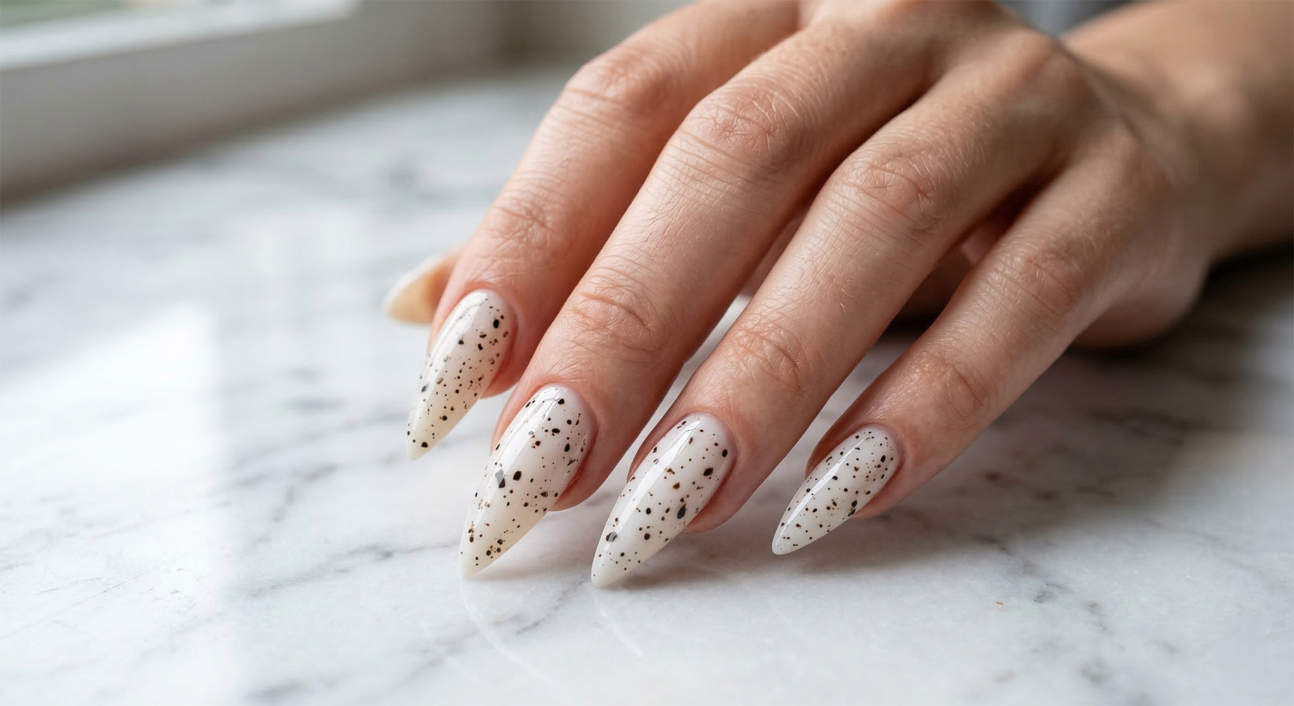 Eleganckie paznokcie na Wielkanoc ze zdobieniem imitującym przepiórcze jajko. Długie, szpiczaste paznokcie z mlecznobiałą bazą hybrydową i drobnymi, czarnymi kropkami na białym marmurze.
