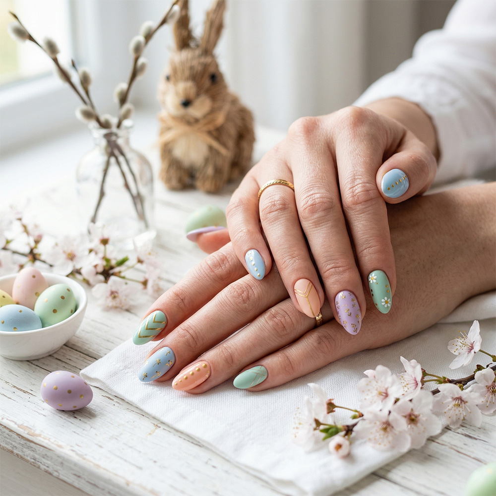 Zbliżenie dłoni z manicure wielkanocnym, w którym każdy paznokieć to pastelowa pisanka ozdobiona minimalistycznymi, złotymi wzorami geometrycznymi i drobnymi kwiatkami