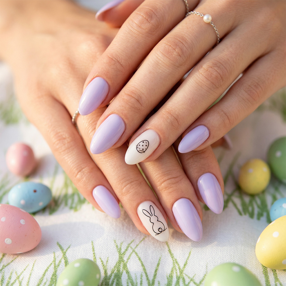 Wiosenny manicure w pastelowo-lawendowym odcieniu z minimalistycznym wzorem króliczka wielkanocnego wykonanym techniką jednej linii na białym paznokciu akcentującym