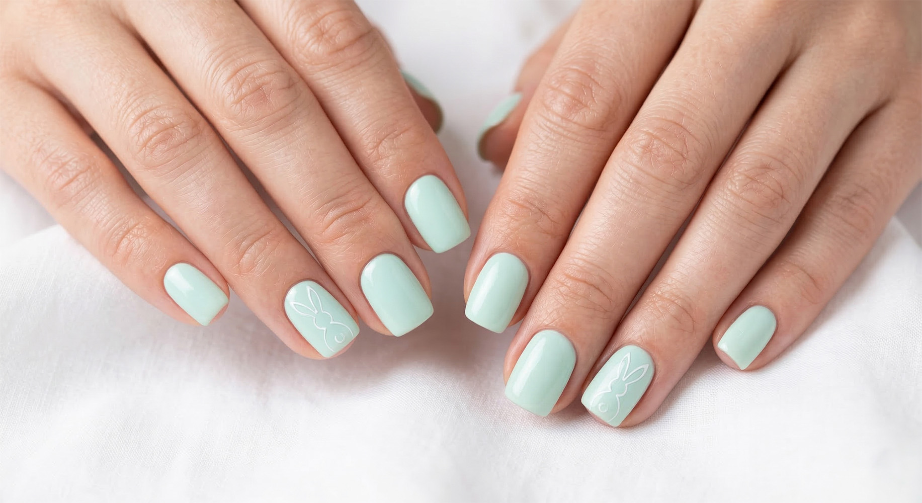 Miętowe paznokcie na Wielkanoc wpisujące się w minimalistyczny manicure na Wielkanoc. Krótkie, kwadratowe paznokcie z delikatnym, białym konturem zajączka wielkanocnego na paznokciach.